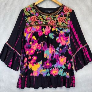 Calessa Tunic Top Womens Med Black Embroidered Boho Tie Dye Floral Folk Blouse